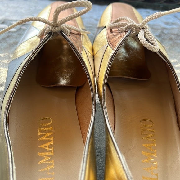 Siamanto Vintage Glam Art Deco Metallic Patchwork Leather Lace-Up Flats Size 8 - Picture 3 of 9
